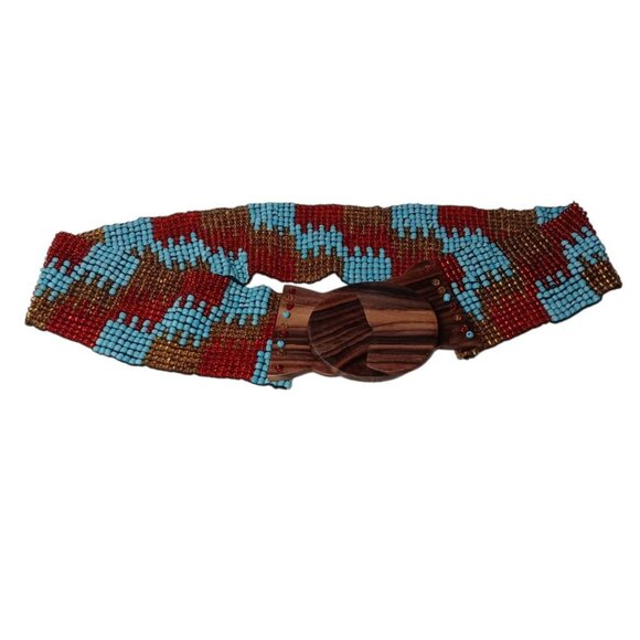 Wide Belt Stretch Blue Red Brown Beaded Boho Tribal Stretchy Wooden Buckle 28\